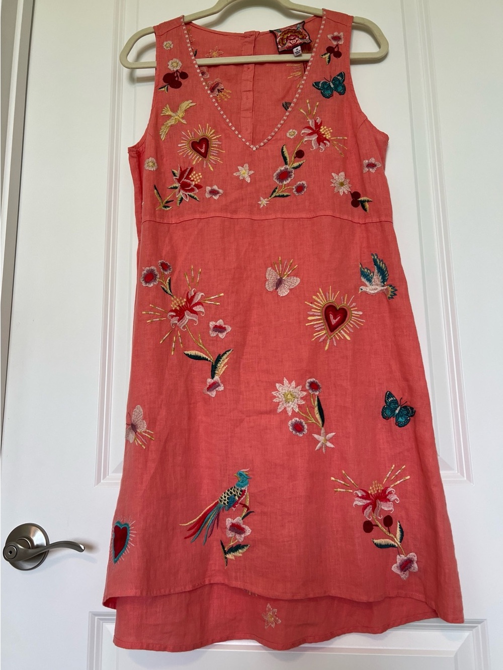 Johnny Was 100% linen Coral Embroidered Sleeveless Dress XS/S GREAT